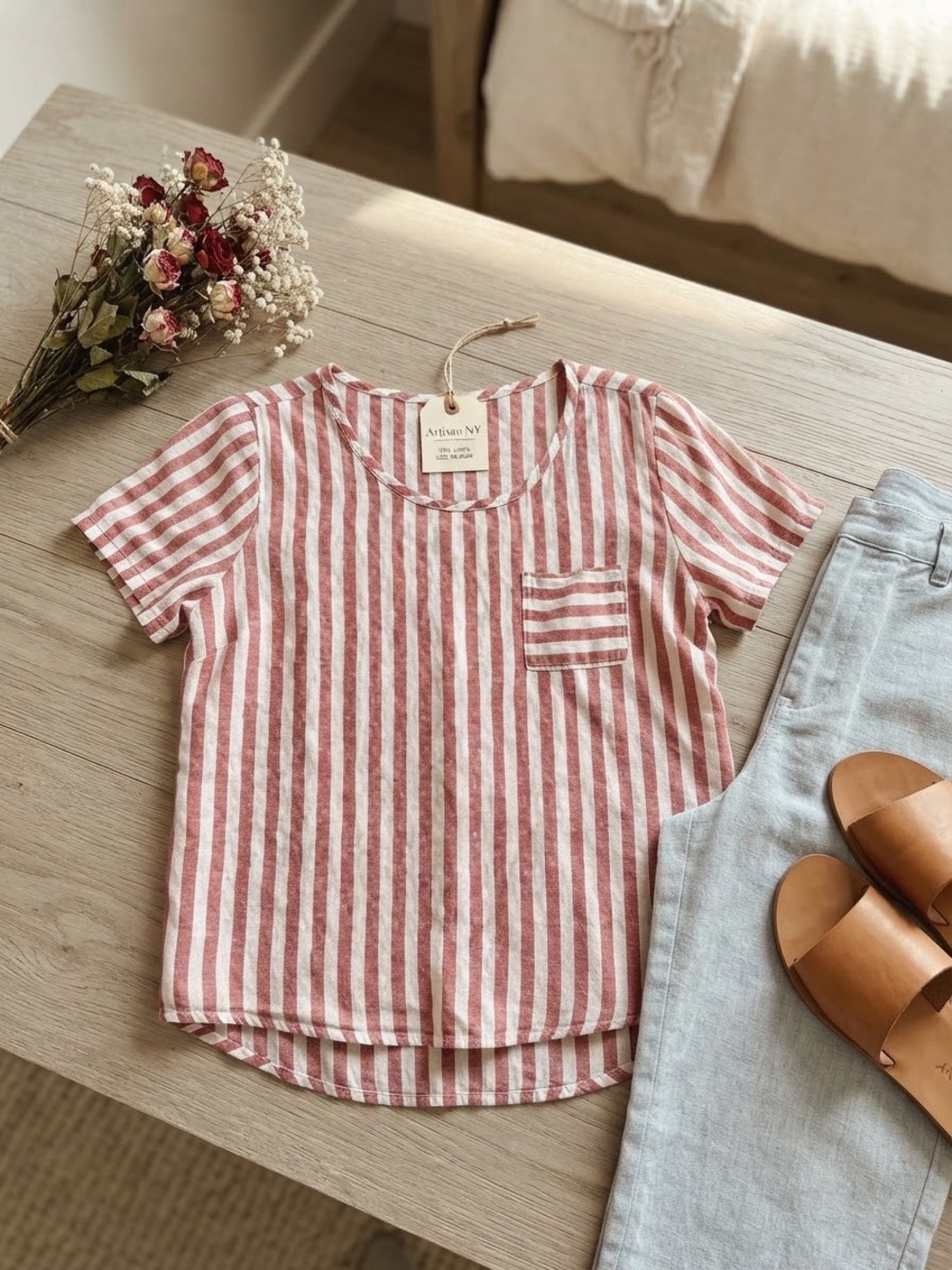Artisan NY Red White Striped 100% Linen Short Sleeve Pocket Top Size Medium